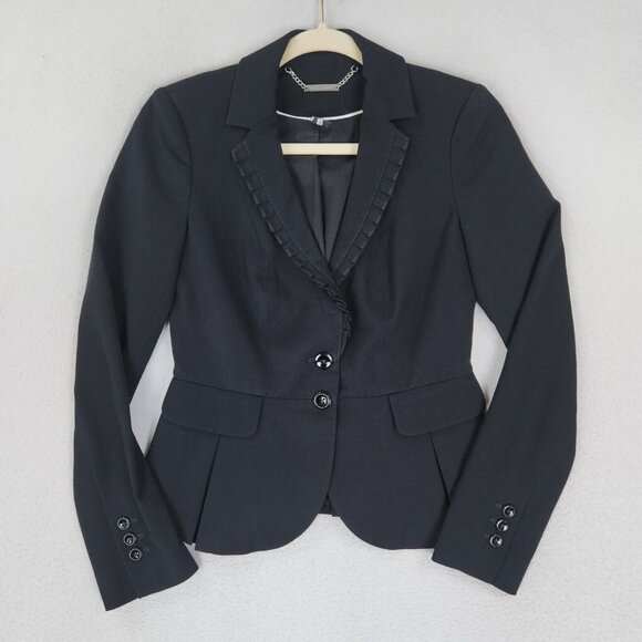 WHBM Jacket Womens 00 Black Ruffle Peplum Blazer Two Button Classic Business - Picture 1 of 11